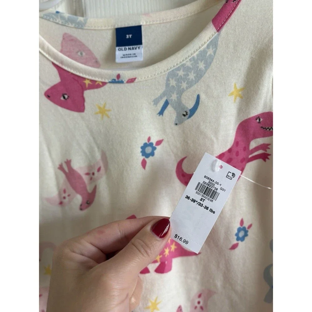 Toddler Girls 3T Ivory Dinosaur Print Fit & Flare Long Sleeve Dress Old Navy